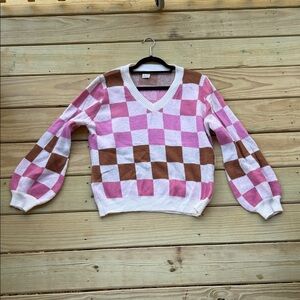 Boutique Brown & Pink Women's V-Neck Sweater Size Medium